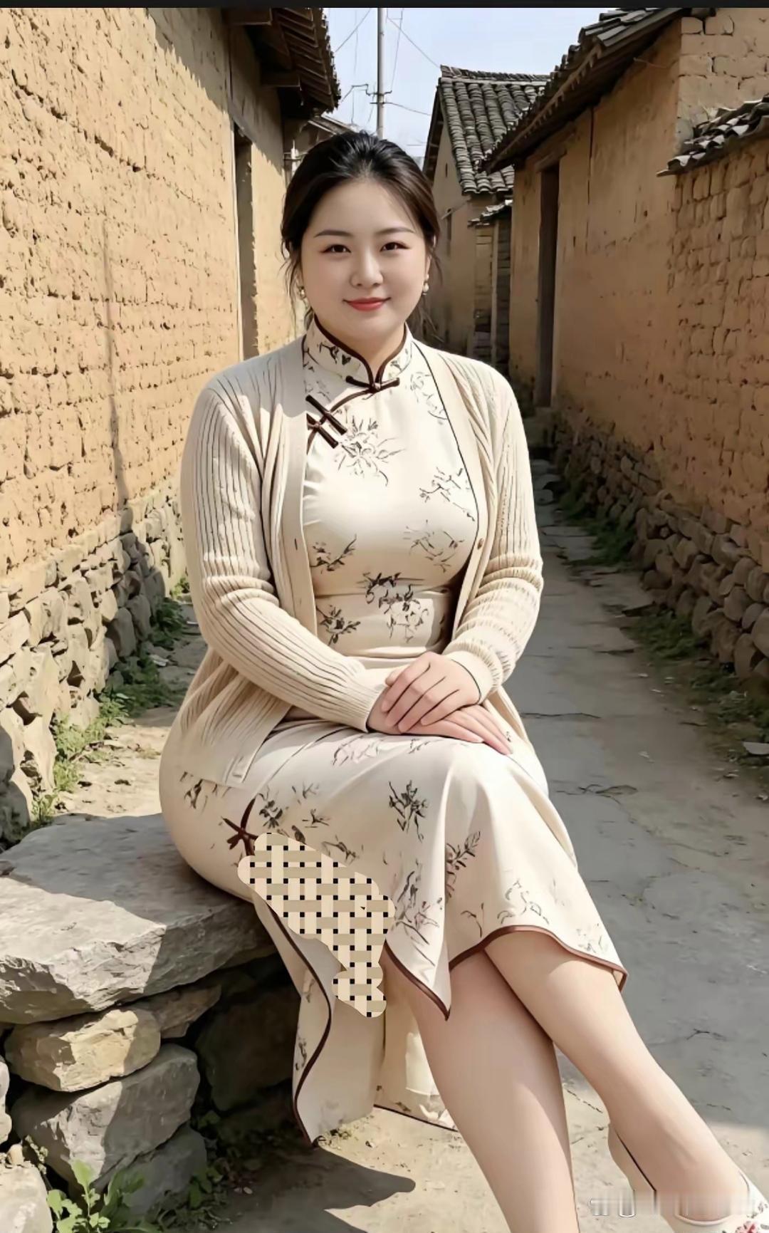 穿着旗袍，坐在村子里晒太阳。