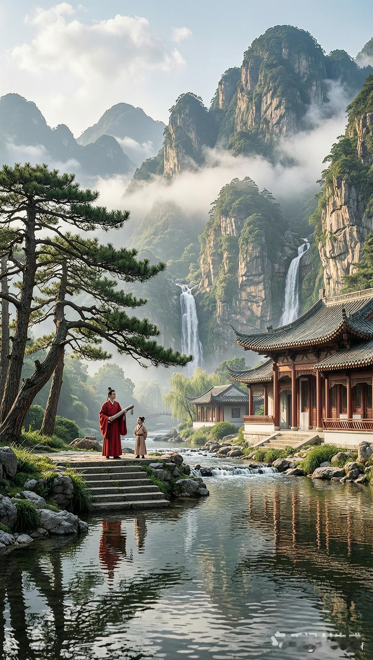 中国山水画《山林隐居图》天一合一，回归自然。