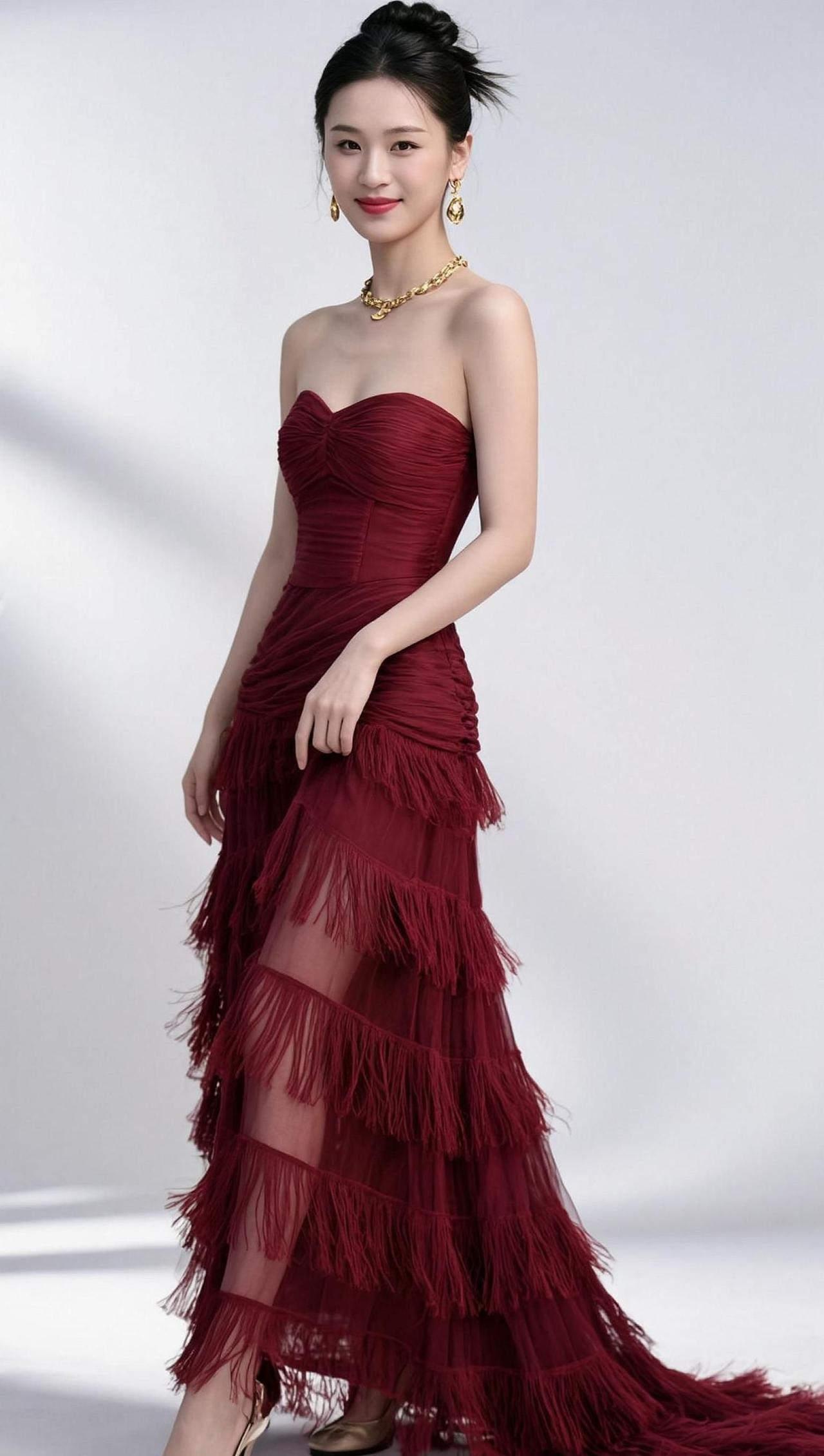 这礼服红得像我钱包余额的“警戒线”一样醒目，流苏设计仿佛在说：“我动起来，世界都