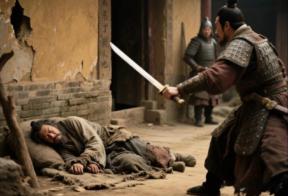 朱元璋路过一破庙，见一乞丐睡觉姿势如卧虎，朱元璋大惊，立刻拔剑对侍卫说：快杀了他