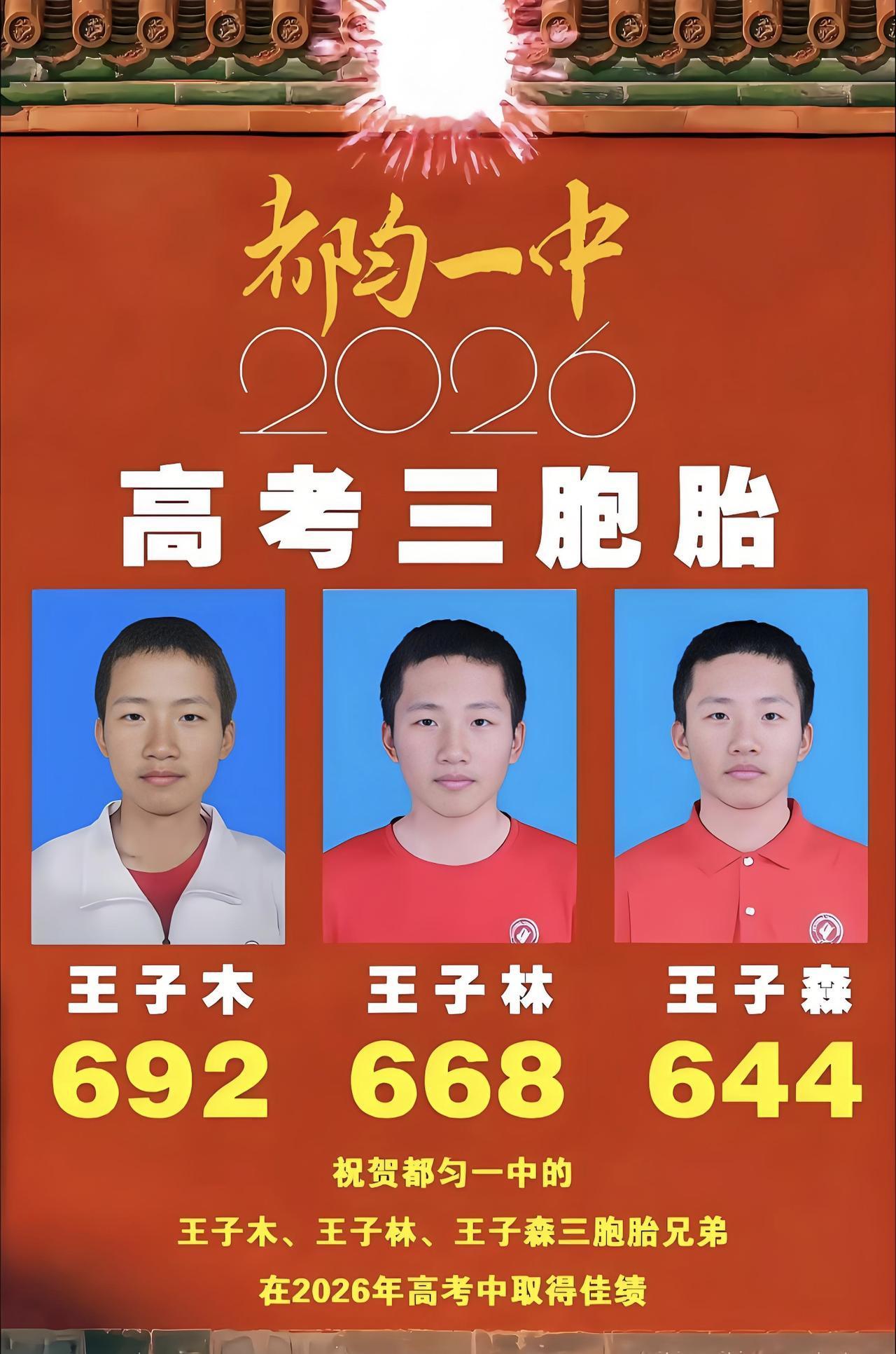 今年最强三胞胎，是不是？贵州都匀一中这三胞胎王子木、王子林、王子森的名字简直像是