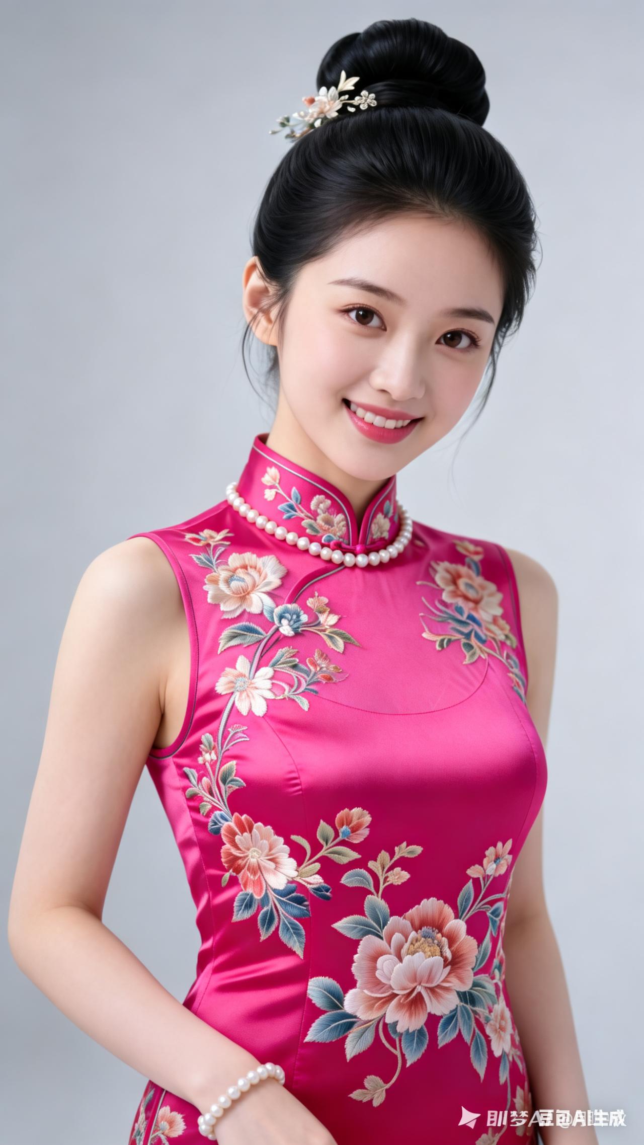 美女着艳粉红色印花无袖旗袍，精致黑色发髻插花朵发饰，面容清丽温婉，佩戴优雅项链与