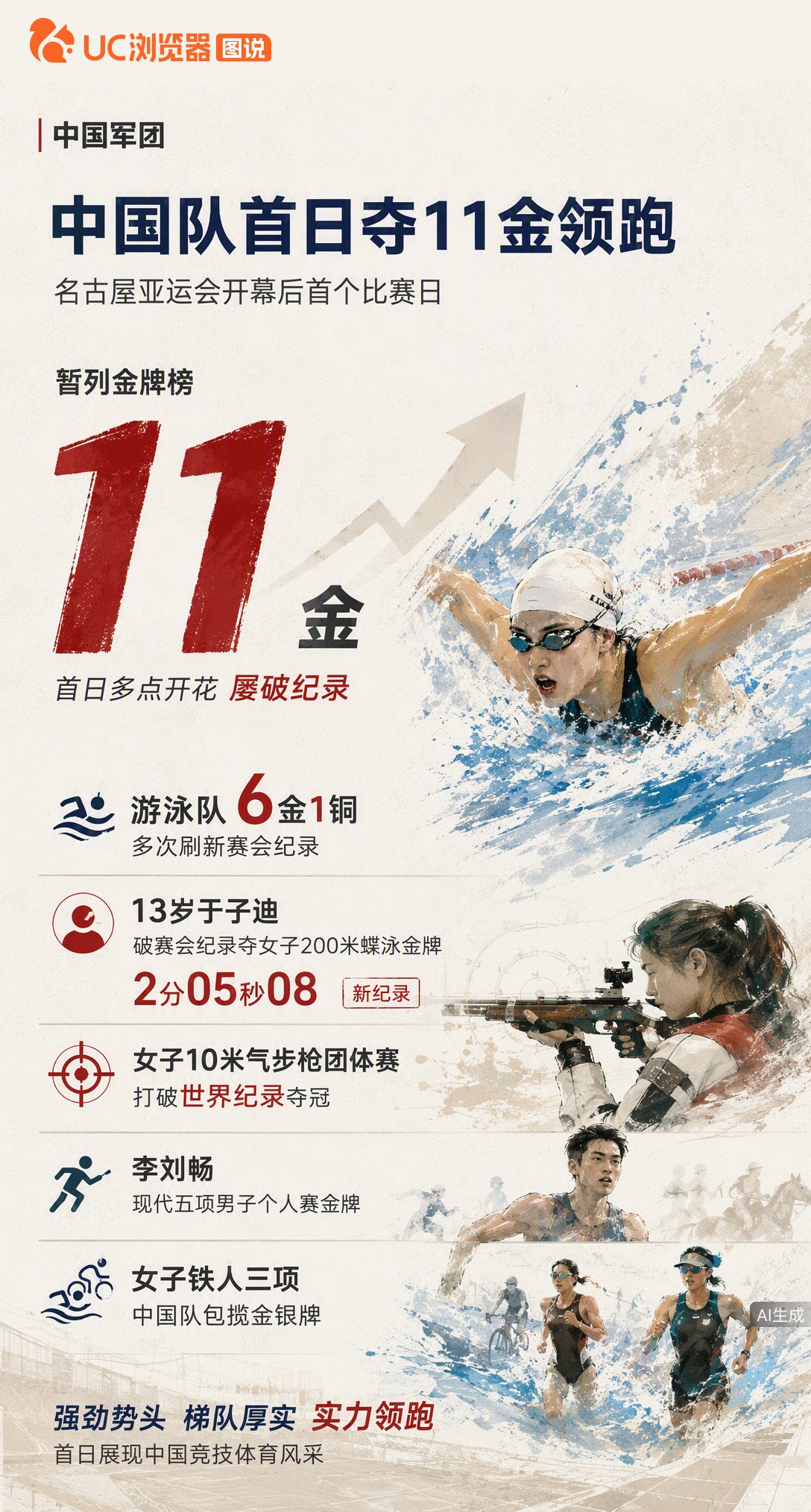 名古屋亚运首日狂揽11金！游泳队独拿6金还刷纪录，13岁于子迪破赛会纪录夺金；射击女团更是打破世界纪