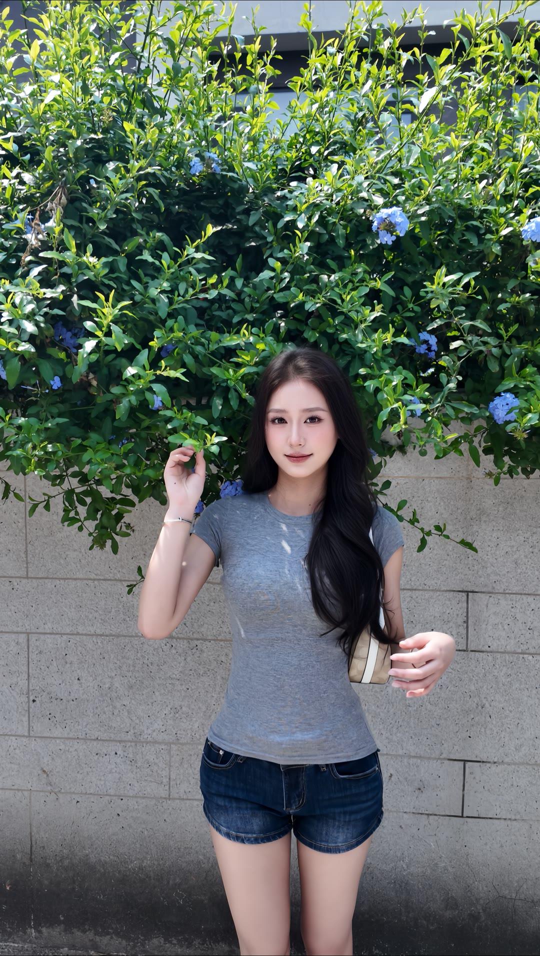 阳光下的清新少女，蓝色花丛中的甜美瞬间。