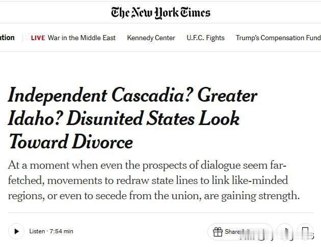 🇺🇸🇨🇦据《纽约时报》报道，美国多个州及加拿大境内的分离主义情绪正日益