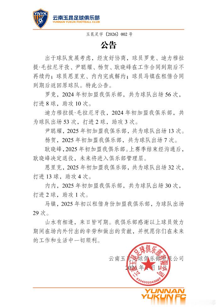 云南玉昆官宣主教练离任云南玉昆官宣8人离队：感谢安德森主教练在过去一年半为俱