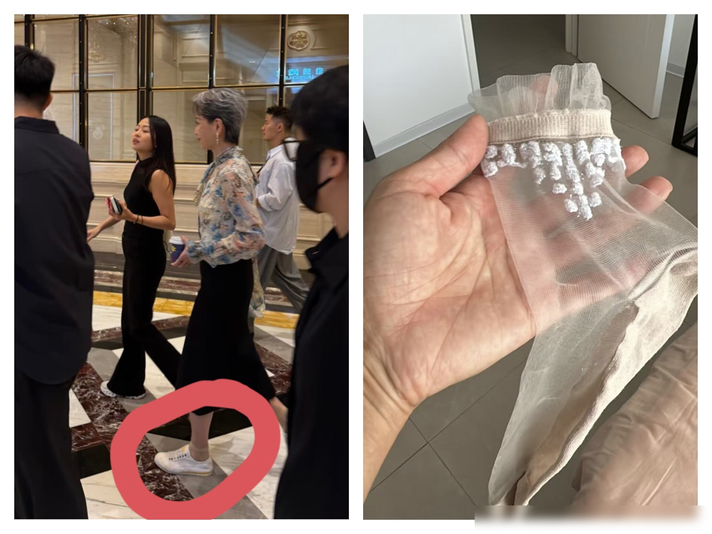 63岁叶童，脚上套了双八十年代的水晶丝袜。就是那种几块钱一包、带点透肉反光、老太太去菜市场都嫌土的东