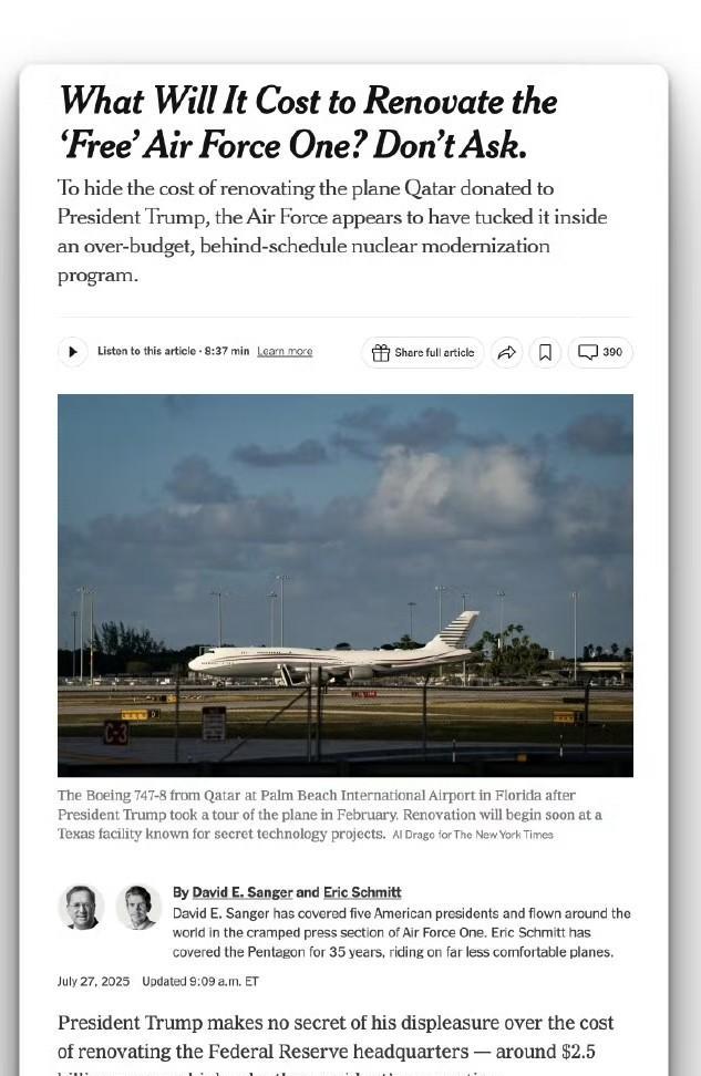 美国军方将改造空中一号费用，藏入核弹项目纽约时报报道，卡塔尔送给川普的那架波音