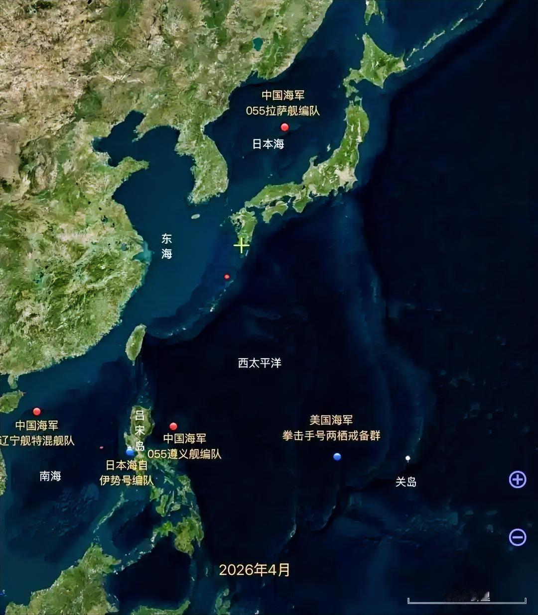 这是4月最近的西太平洋海上力量态势图，直观的呈现了中美日等国海军编队的部署情况。