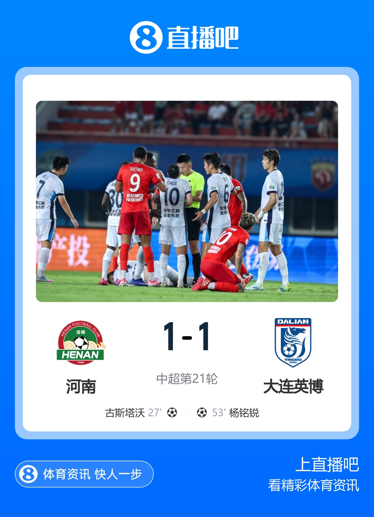 升前三! 大连英博客场1-1河南 古斯塔沃破门19岁杨铭锐替补扳平