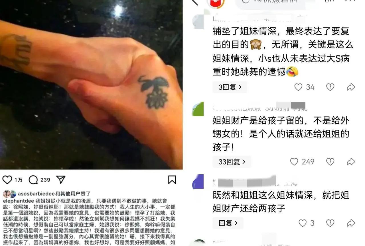 小S这个时候晒出姐妹情深的戏码，这做法太不聪明了，她又一次将自己推向了风口浪尖。