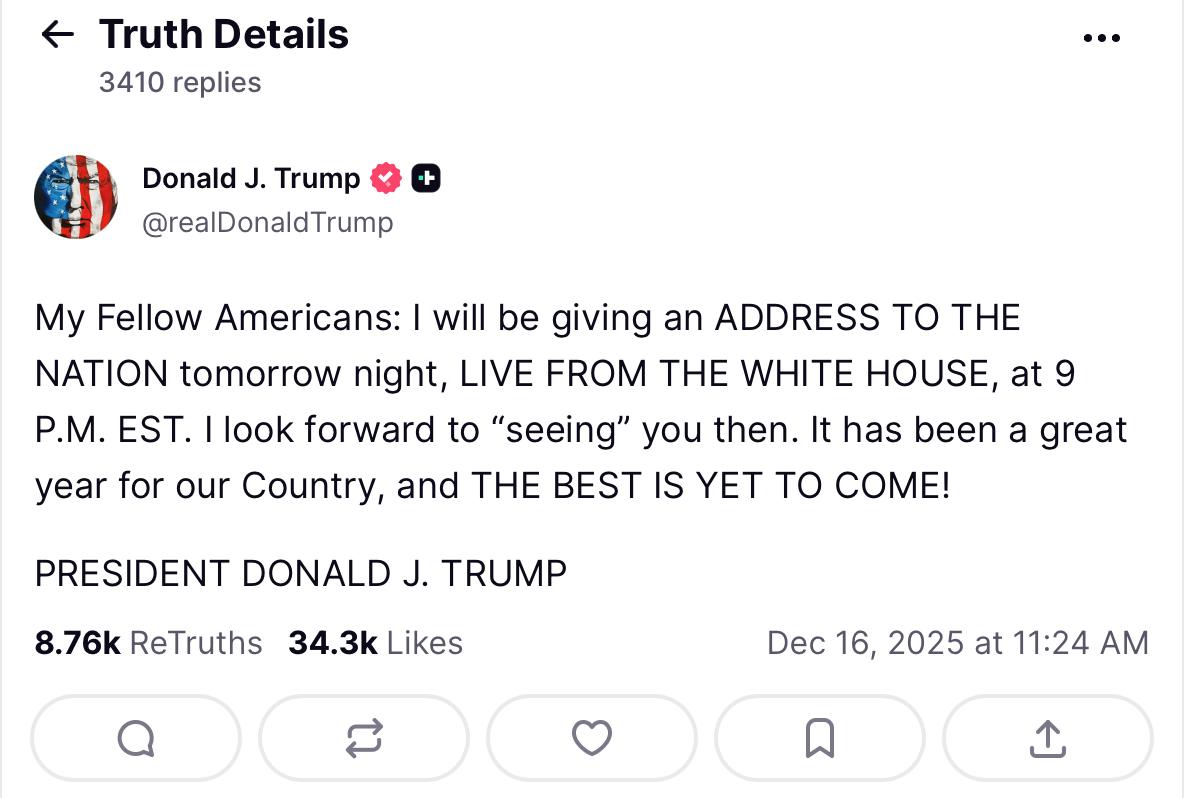 特朗普周二通过其社交平台TruthSocial宣布，将于明晚9时在白宫向全