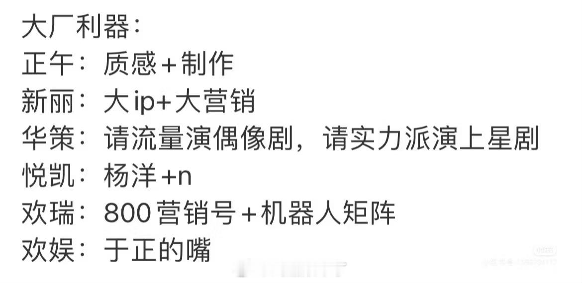 网友评的大厂利器正午：质感+制作新丽：大p+大营销华策：请流量演偶像剧，请实力派
