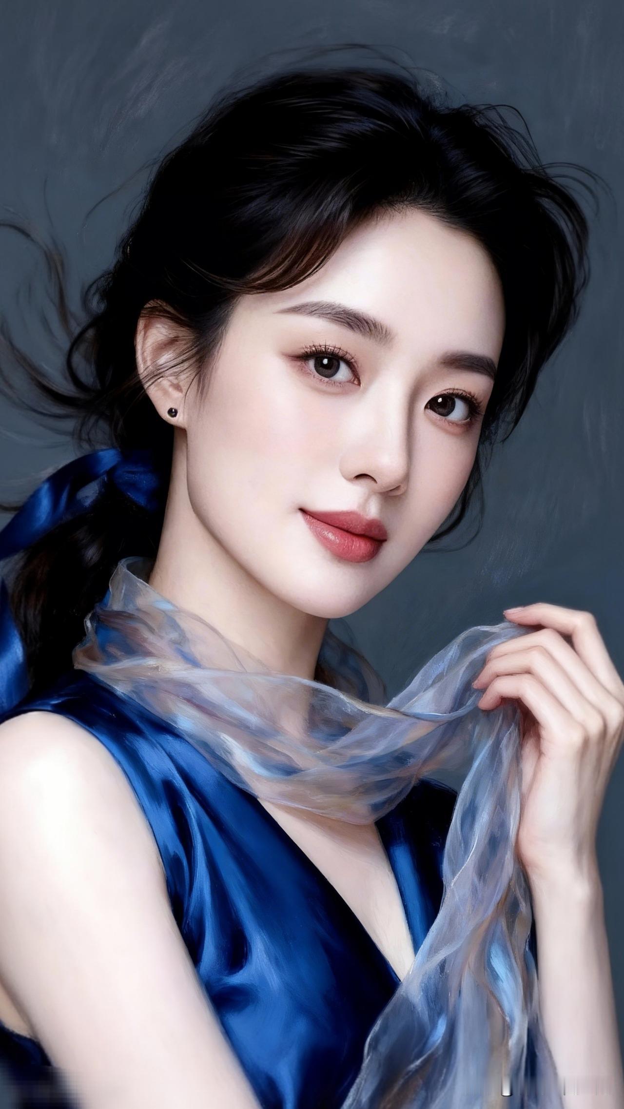 优雅蓝丝巾，温柔女神范儿。分享美女穿搭服饰