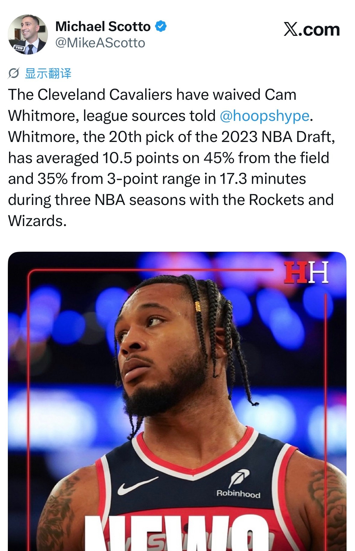 骑士已经裁掉卡姆-惠特莫尔2023年NBA选秀大会的第20号秀。他在火箭、奇才效