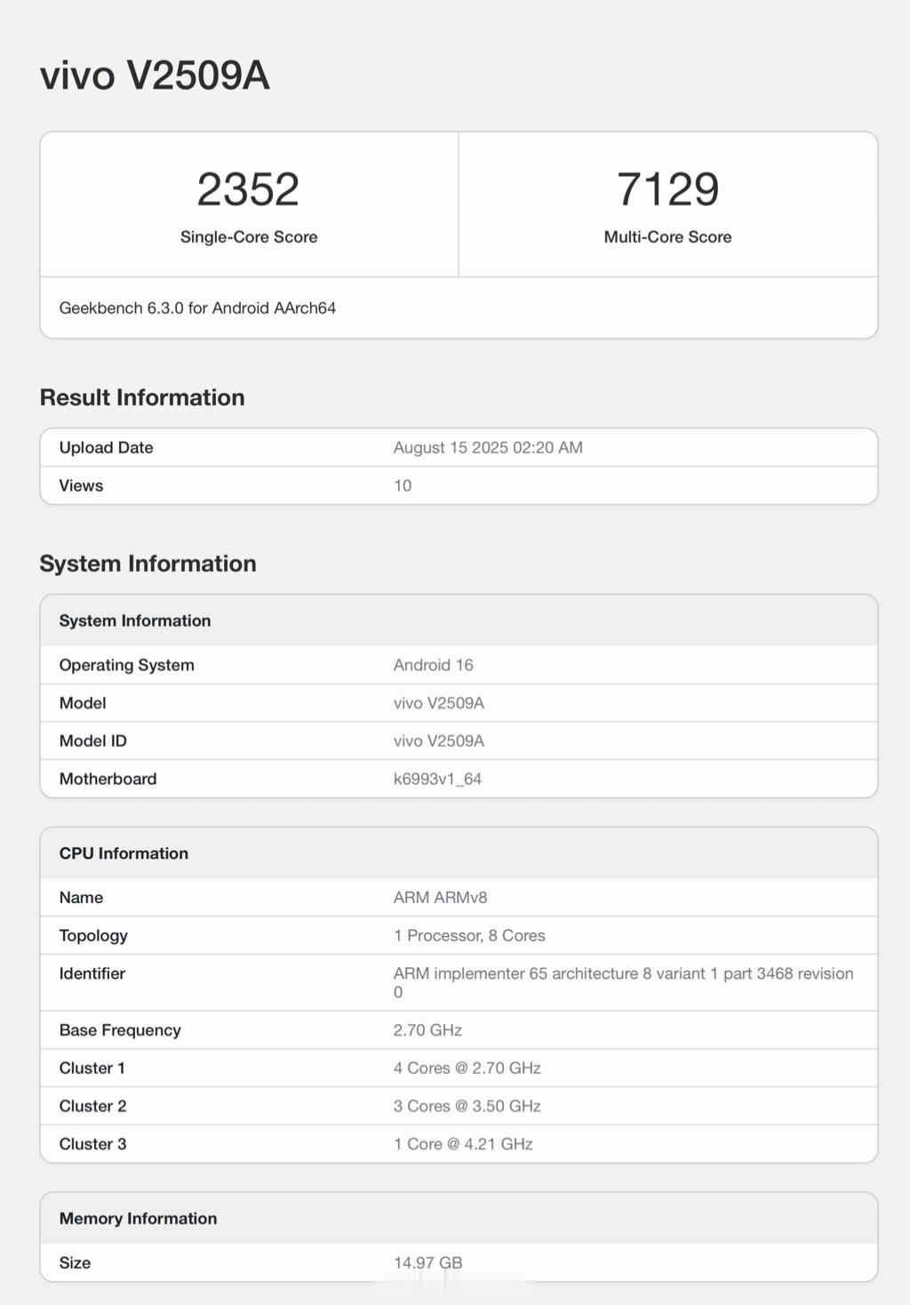疑似vivoX300Geekbench6跑分出炉，首发联发科天玑95