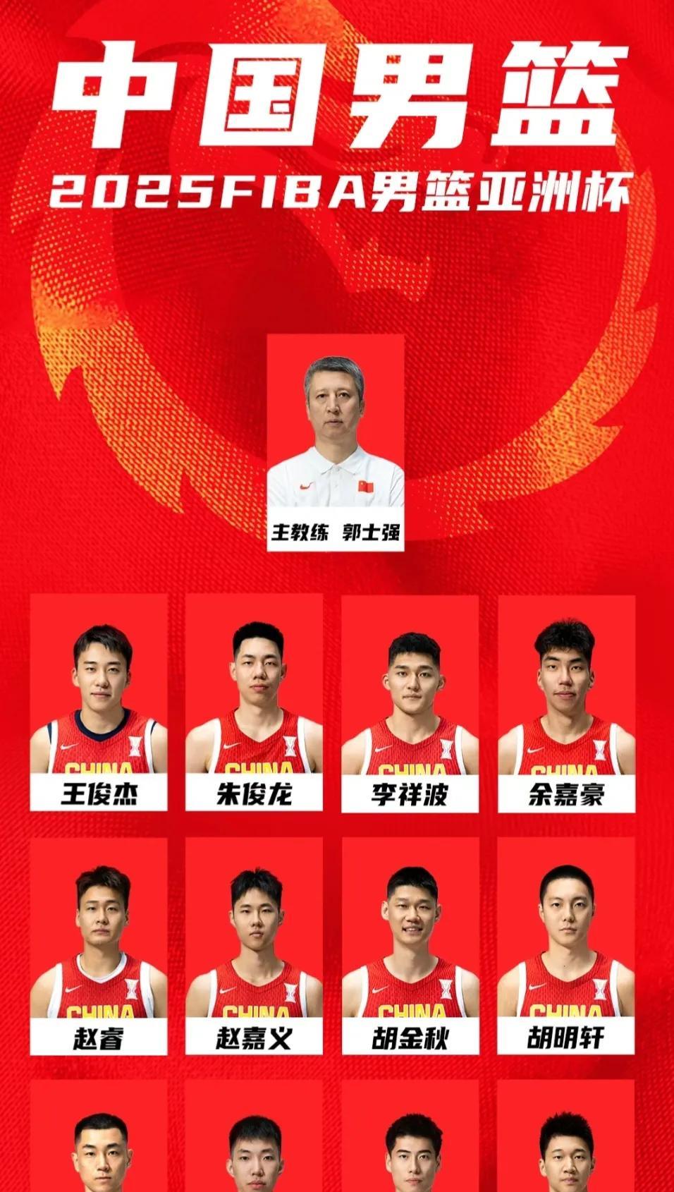 男篮亚洲杯，中国男篮12人大名单正式出炉，和之前的无差别，张宁、徐杰确定离队。