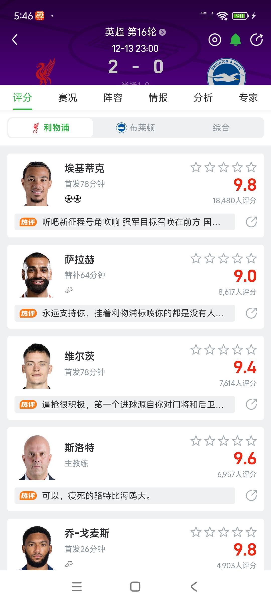 利物浦赢球赛后全是高分，球迷很满意。埃基蒂克2球，萨拉赫替补，维尔茨制造进球