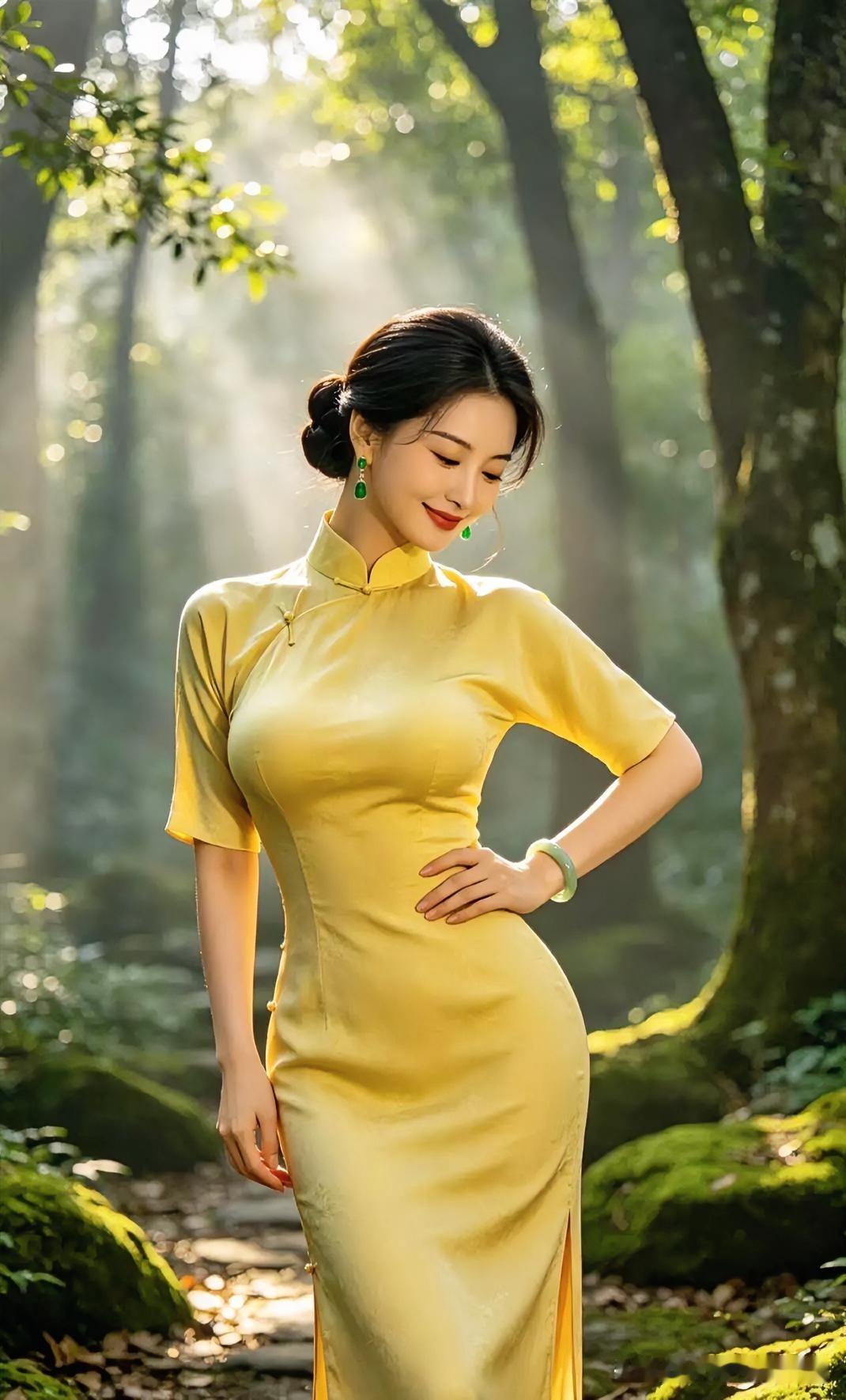 好的，请看这段文案：暖黄旗袍映林光，翠玉点缀。于幽静绿意间，尽显东方温婉与柔