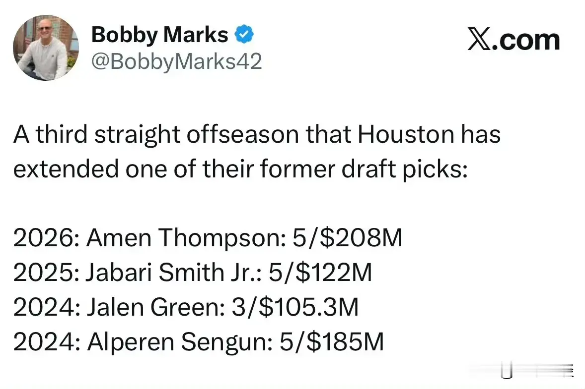 火箭变大气了！刚刚阿门·汤普森5年2.08亿美元签约火箭，截至目前，2025年：小贾巴里·史密斯5年