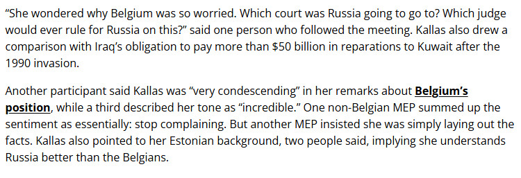 🔻欧盟外交政策负责人卡娅·卡拉斯对比利时未没收俄罗斯资产提出批评：“她质疑比利