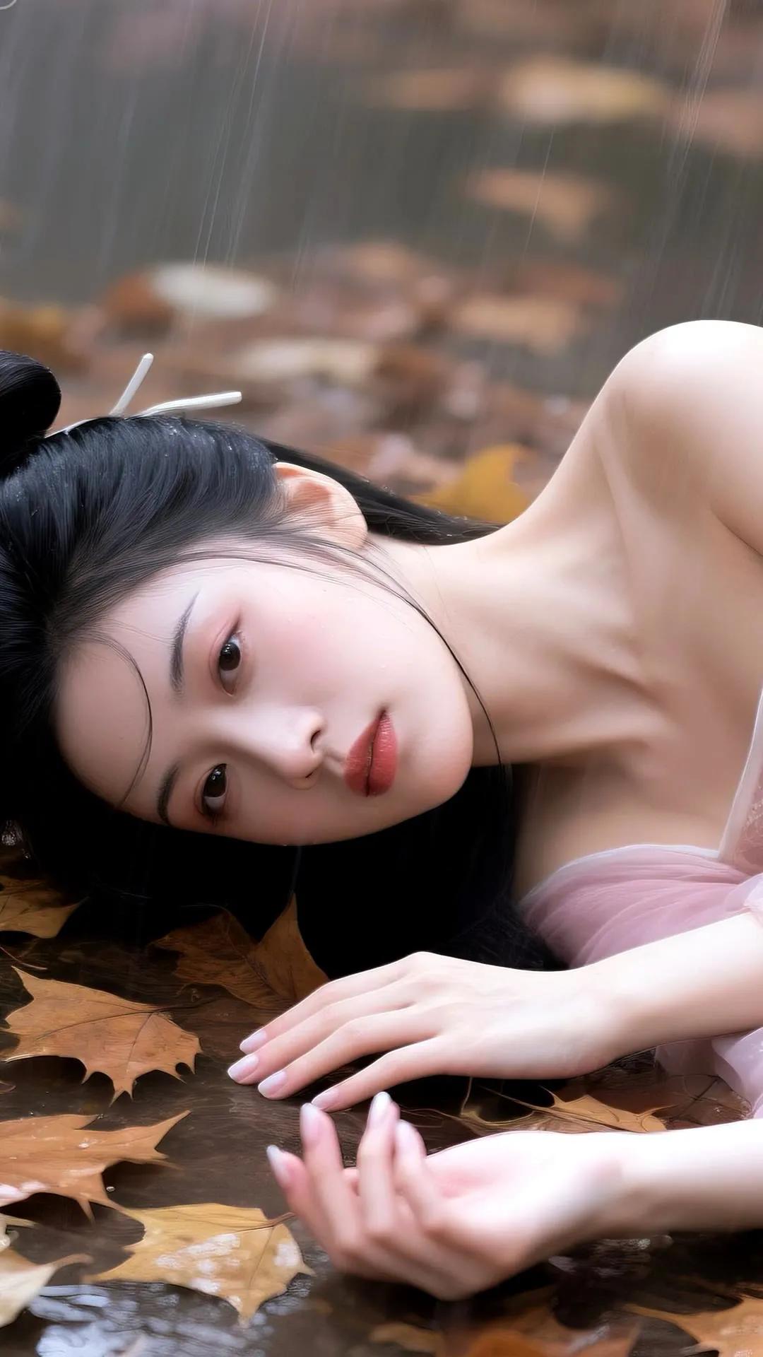 秋日雨中，少女轻抚落叶，静谧如画。