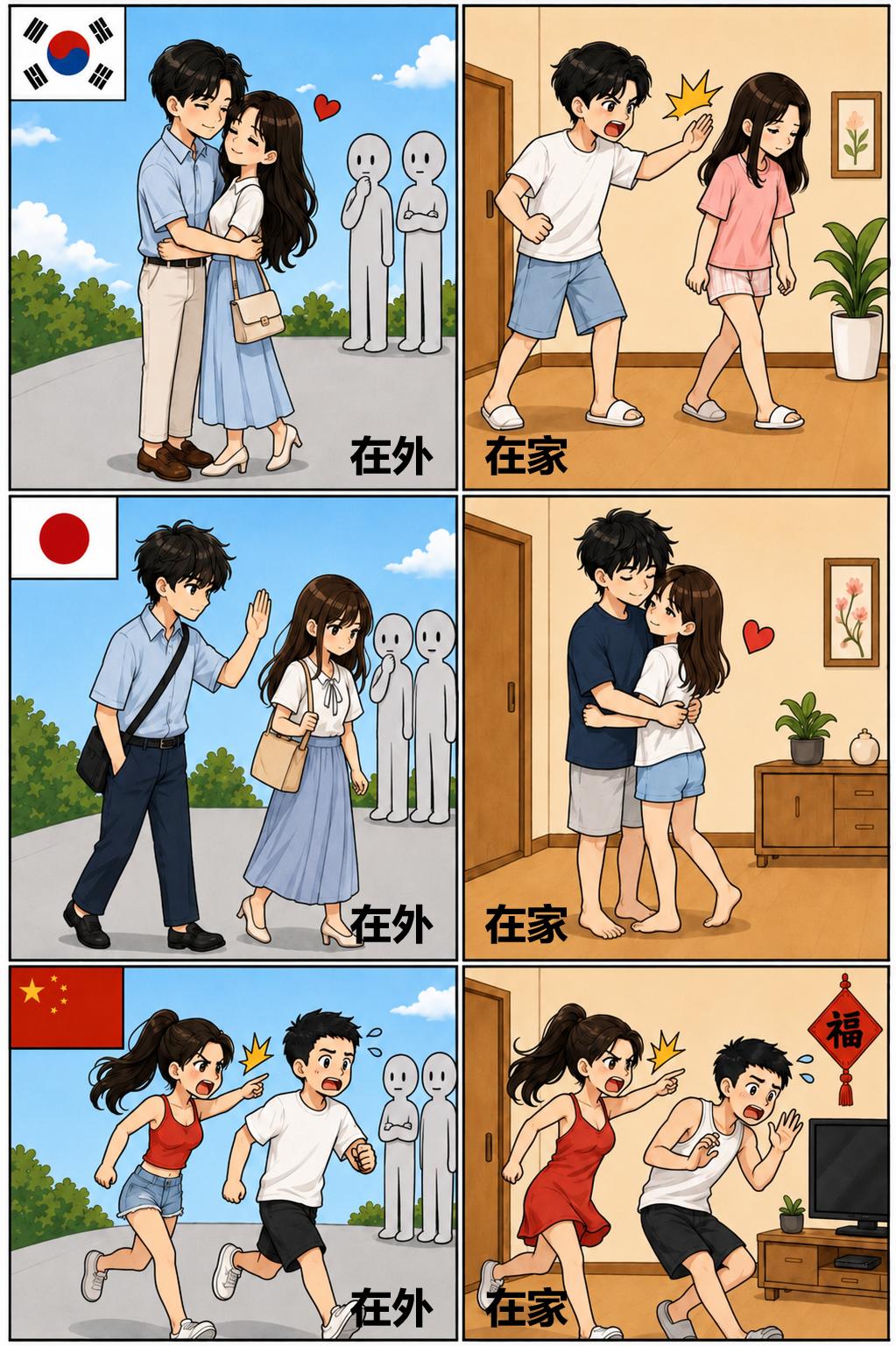对比中韩日情侣内外反差。韩国人前恩爱到家就吵架；日本夫妻在外保持距离，回家温