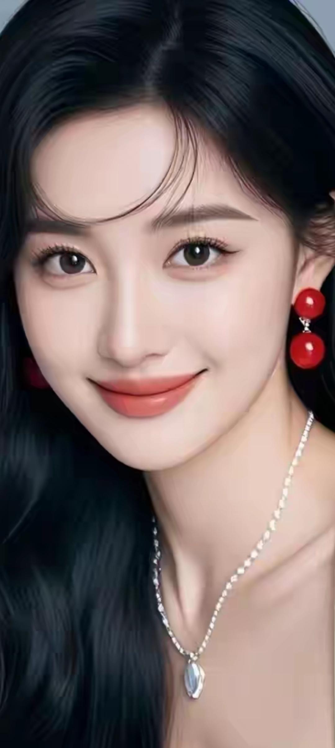 甜美红唇，优雅珍珠，黑发飘逸，女神范儿十足！💄✨💎