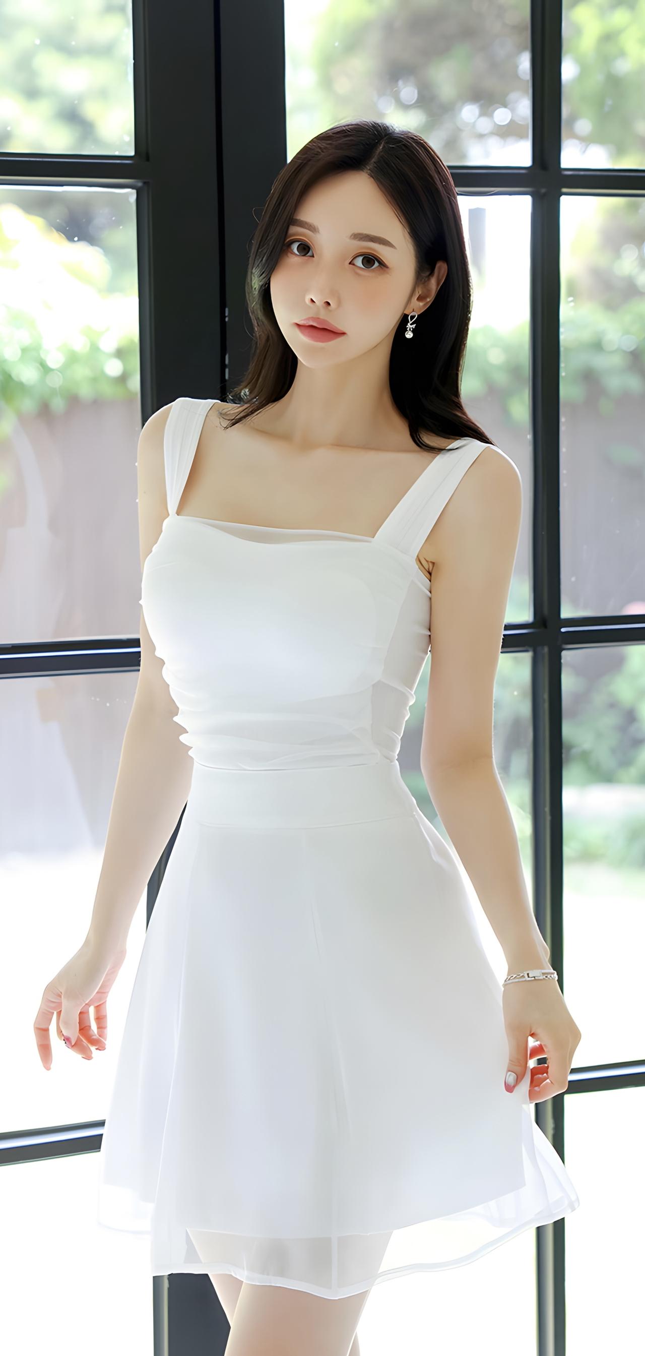 清新夏日穿搭，白色连衣裙，优雅气质，自然光线下更显清新动人。