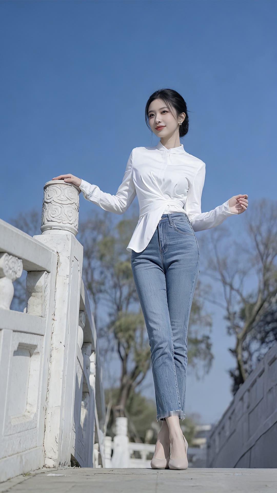 清新白衬衫搭配牛仔裤，优雅气质，阳光明媚的一天。