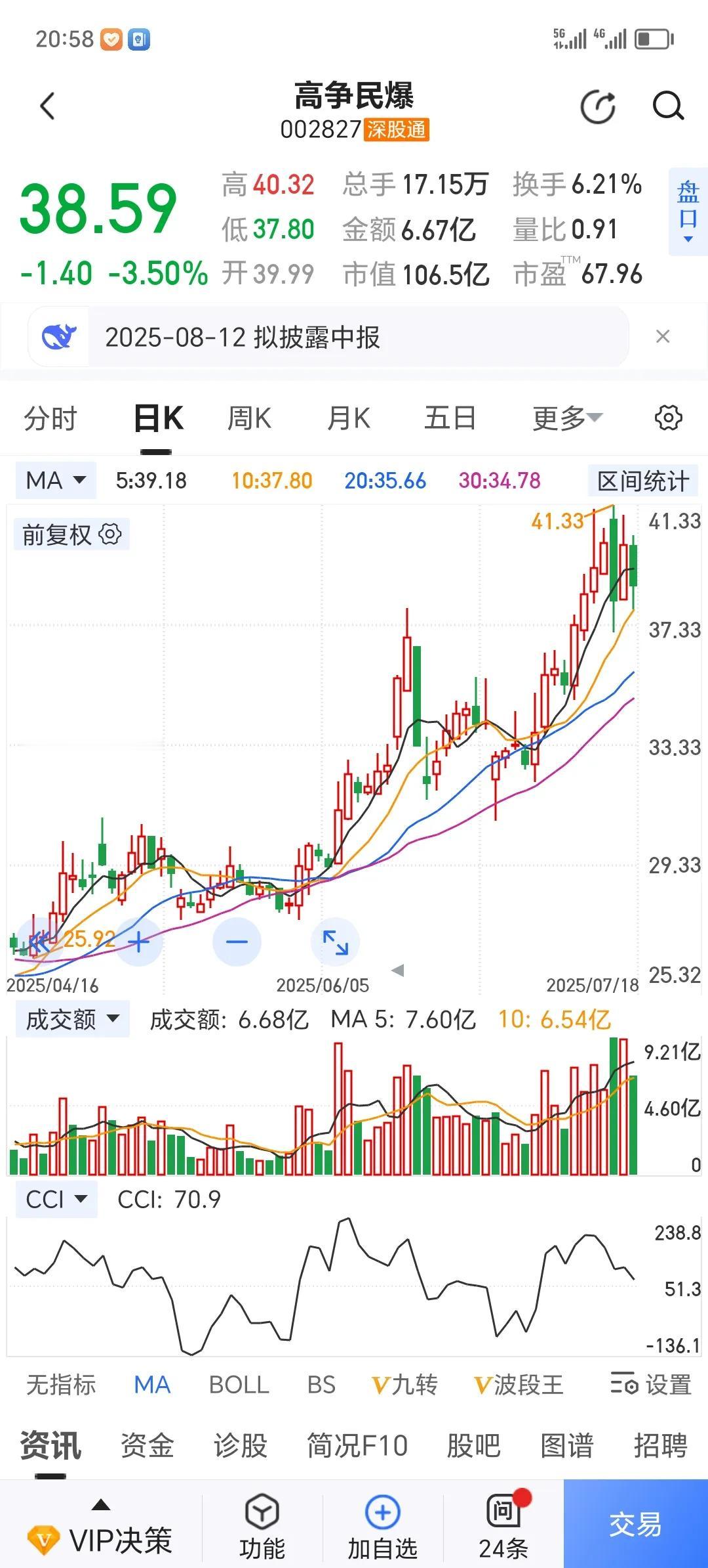 高争民爆，主力资金运作这个项目，至少已经有两年之久。期间我偶有参与，感觉股价已经