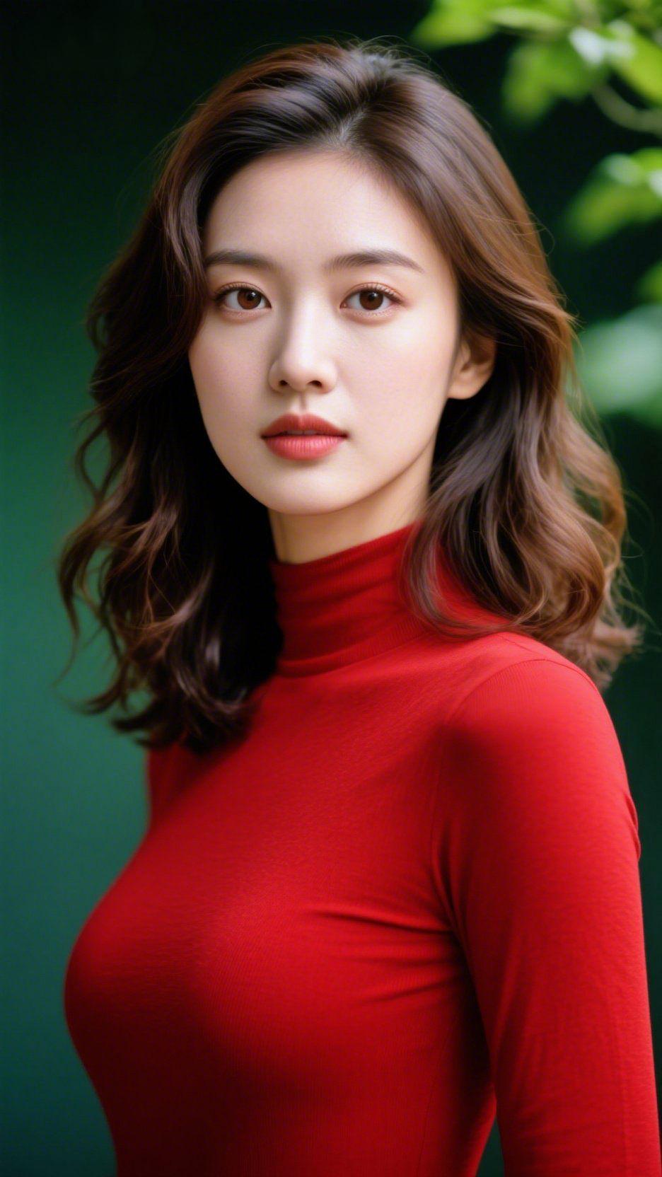 红衫映翠意悠然墨绿的背景像浸了浓墨的翡翠，晕开层层叠叠的清润，她身着正红高