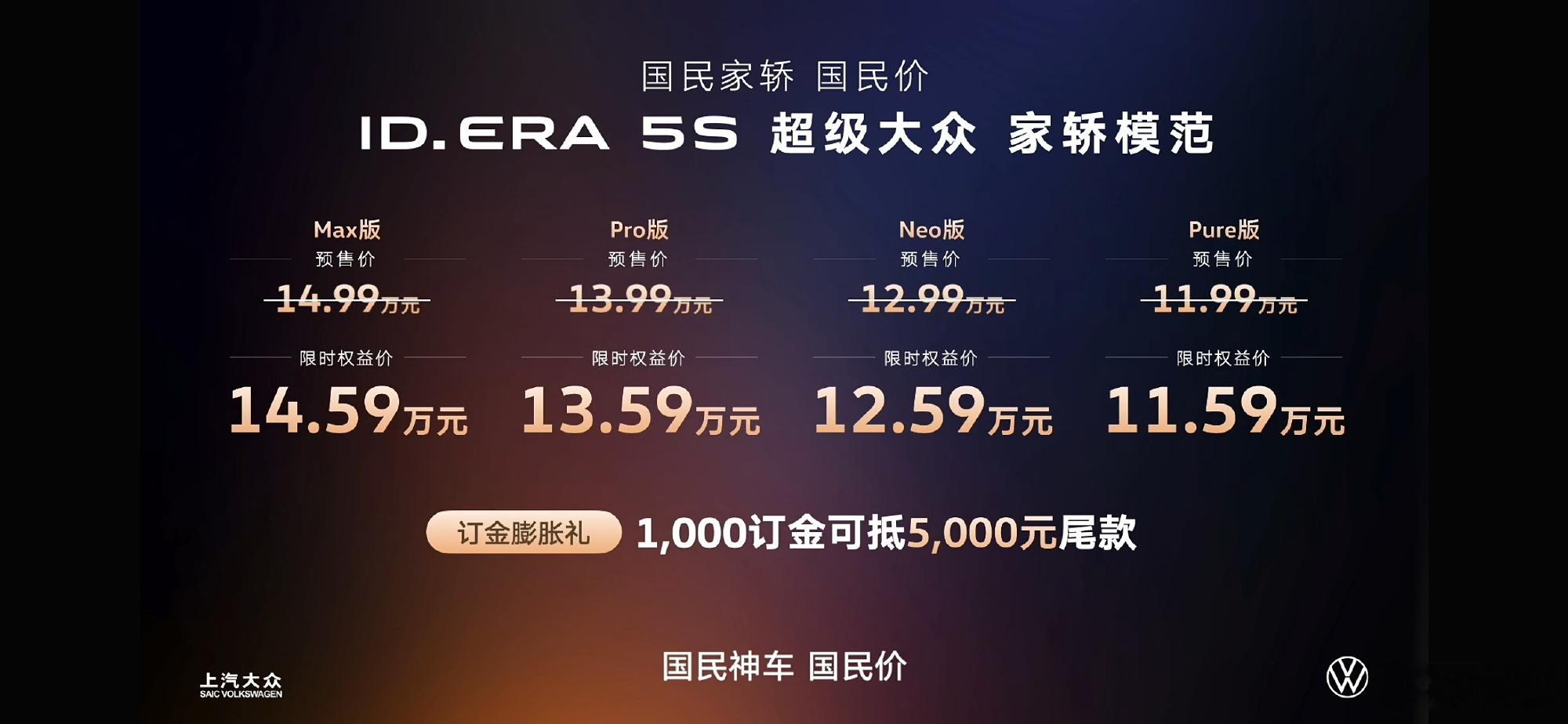 上汽大众ID.ERA 5S预售价格出来了11.59万起，要做“新能源时...