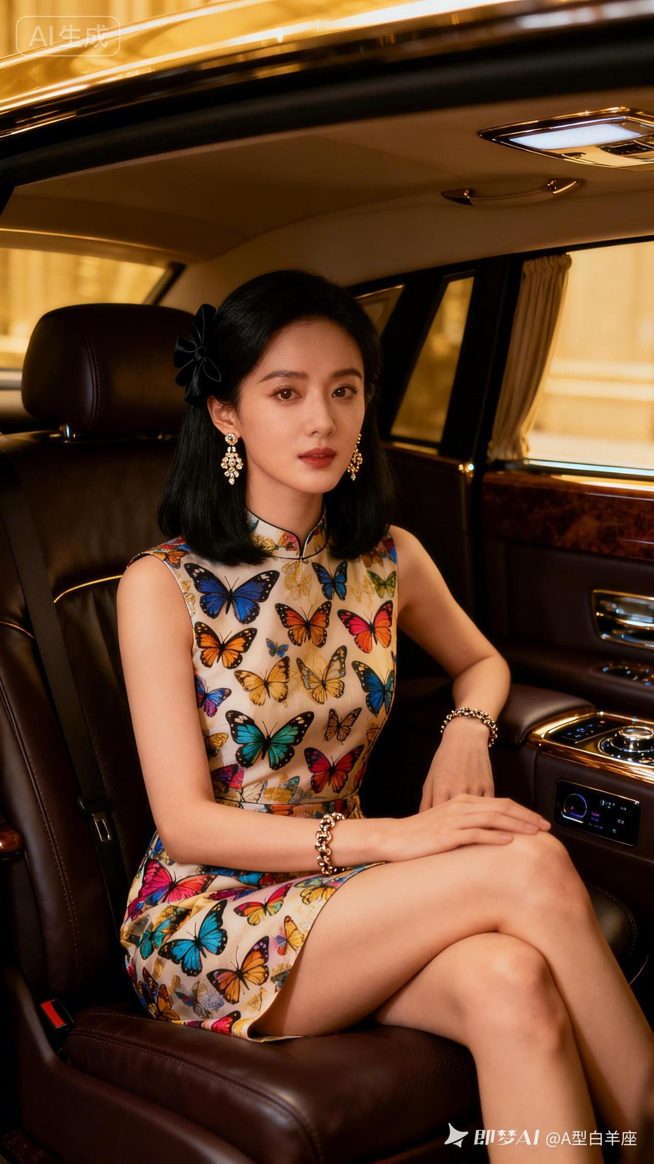 女子黑发配精致发饰，耳饰手链雅致夺目。身着彩蝶图案常规领短裙，端庄温婉。端坐豪华