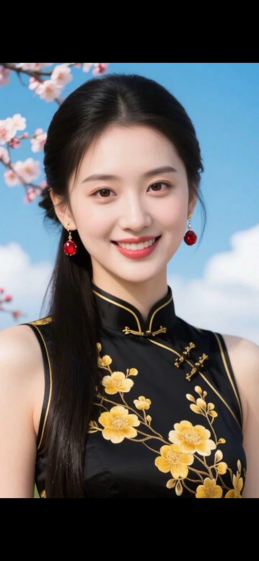春日花海中的古典美人，红唇微笑，金花旗袍，惊艳时光。