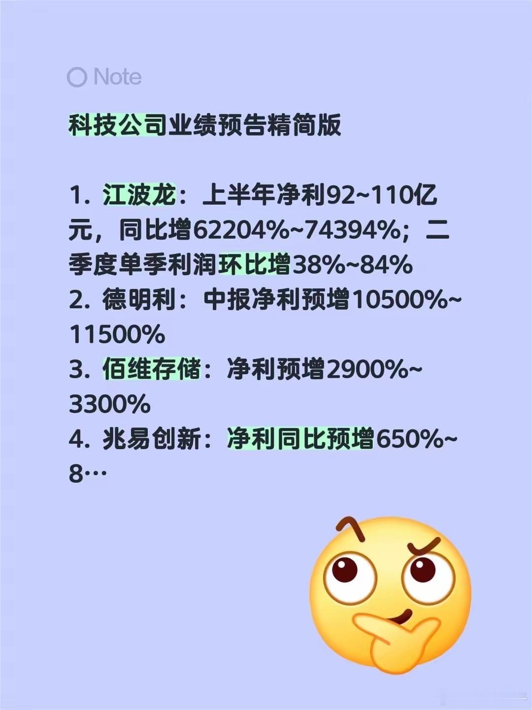 科技公司业绩预告精简版1.江波龙：上半年净利92~110亿元，同比增62204