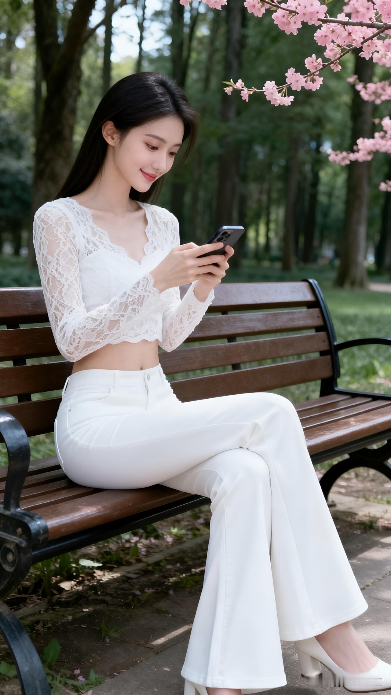 樱花树下，公园的长椅上，白色的蕾丝上衣与阔腿裤，干净得像春天的第一缕风。低头看着