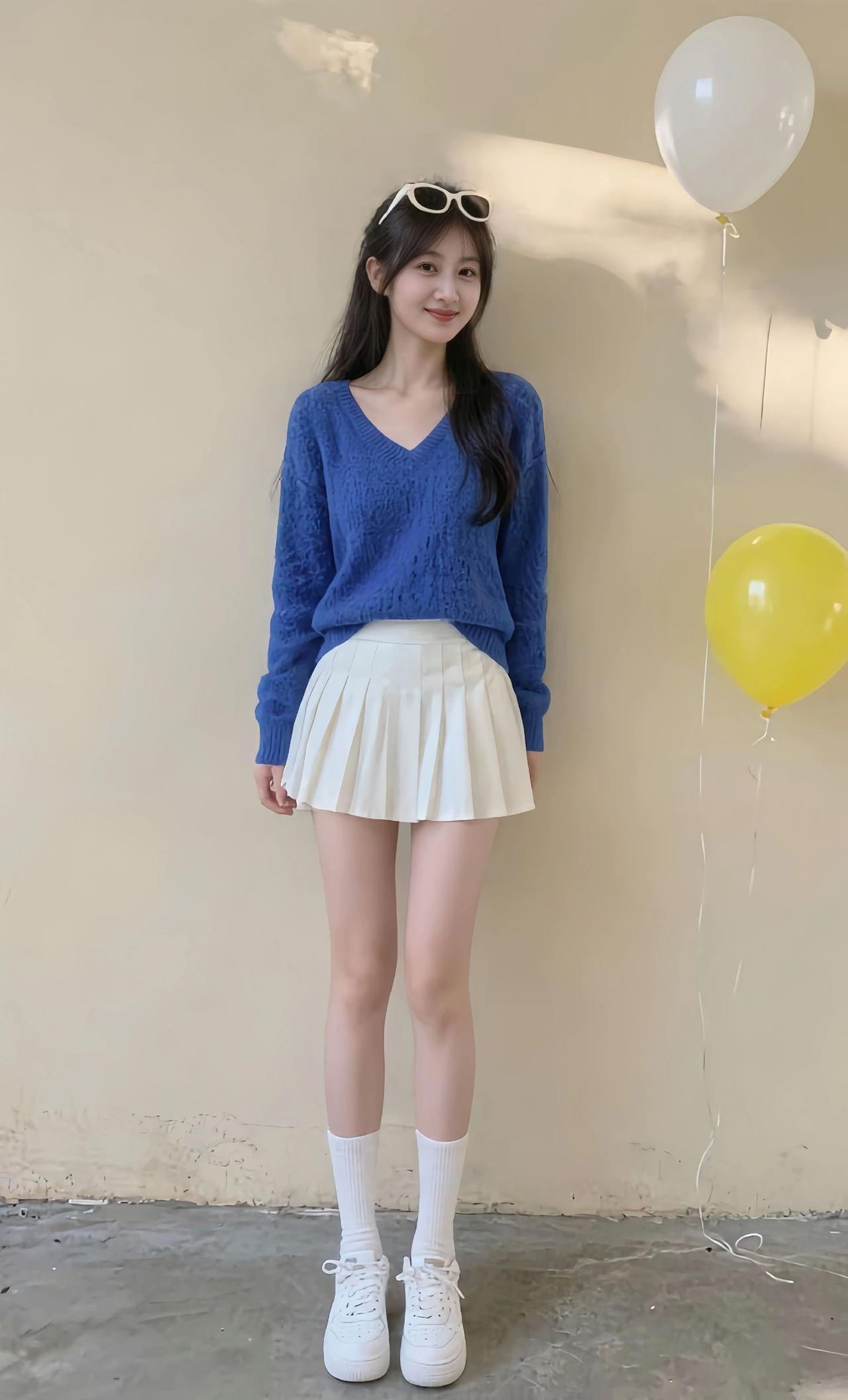 少女心满满的一天，蓝色毛衣配白色短裙，阳光明媚，气球相伴。🌞🎈💙💚