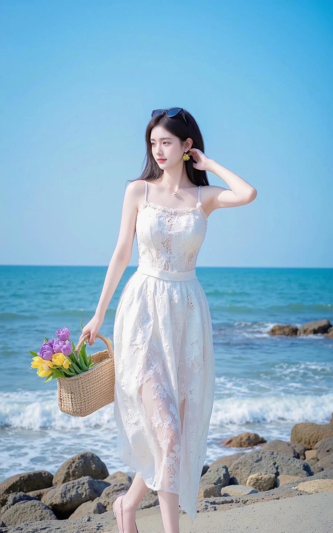 宁静的海边搭配优雅长裙，再加上阳光相伴，简直是绝配！这么魅力的景色和姿势，你能不