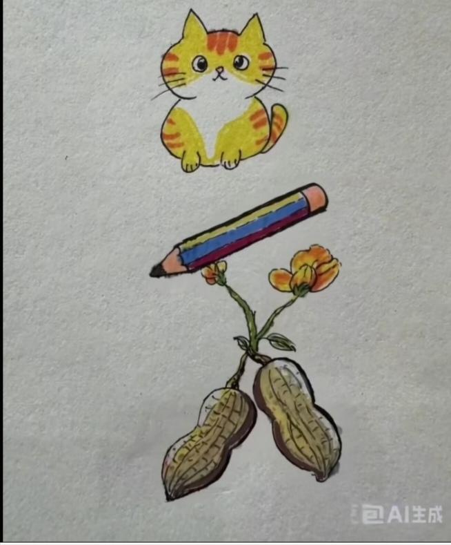 〔看图猜成语〕图中画面真有趣；有猫有笔有花生；谐音猜个成语来；妙笔生花行