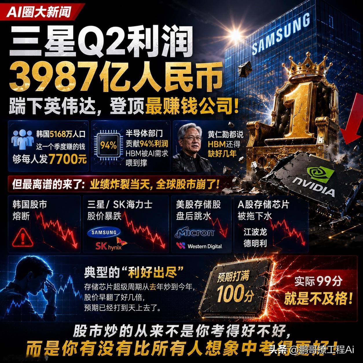 牛啊！三星Q2利润3987亿人民币，直接把英伟达从人类最赚钱公司的王座上踹了下去