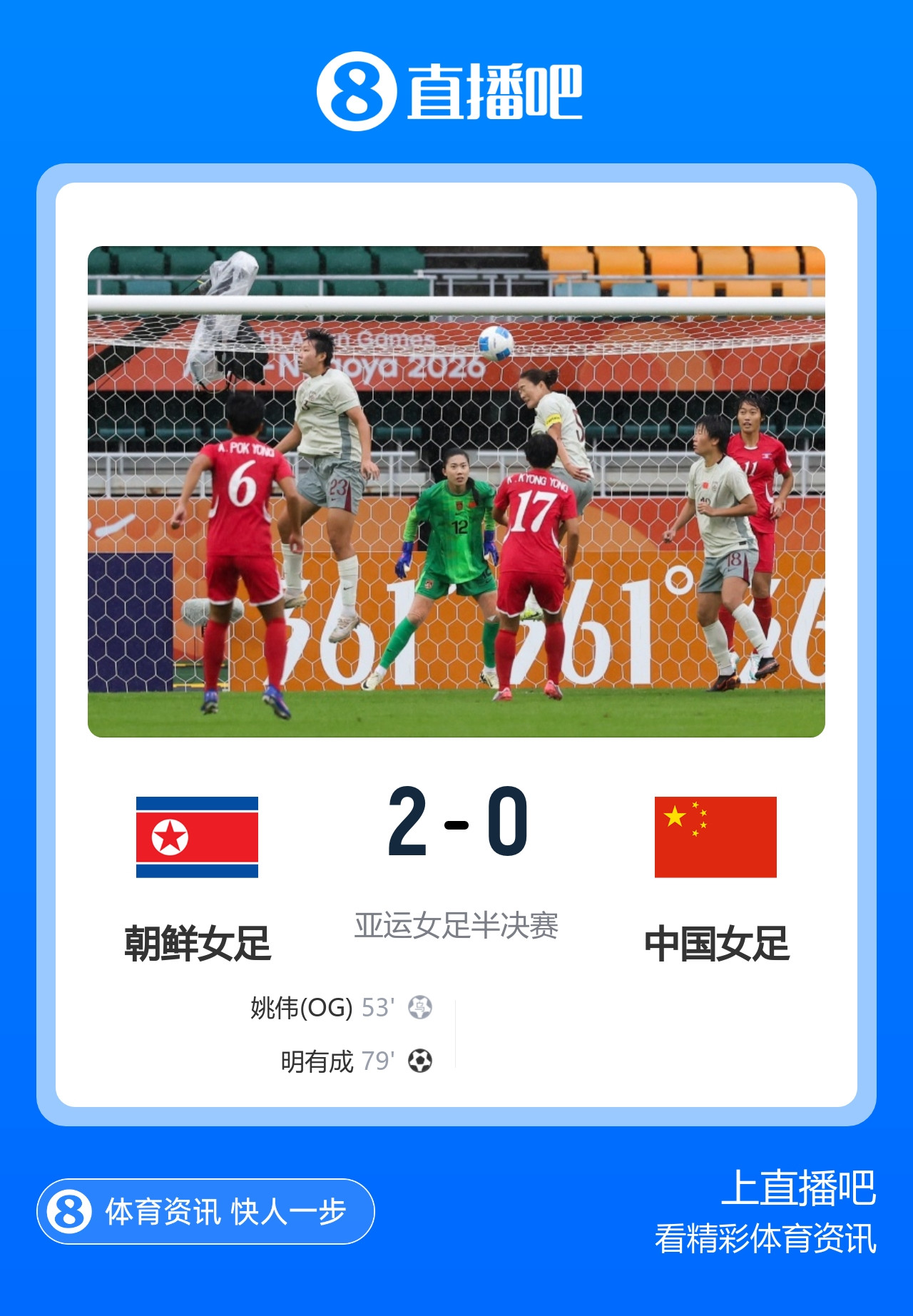 无缘亚运决赛! 中国女足0-2负朝鲜 中国女足定位球两度丢球