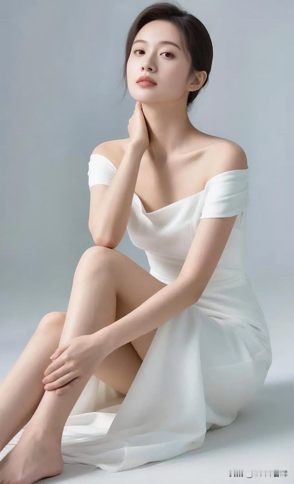 素白裙裾，铺展成云的模样。露肩轻挽，似月光吻过肩头。她坐成静谧的诗，指尖