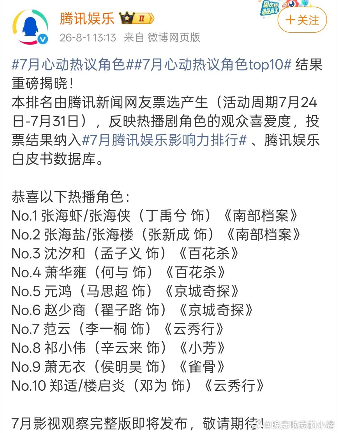 腾讯视频七月心动热议角色，丁禹兮张海虾完全超级加倍杀了