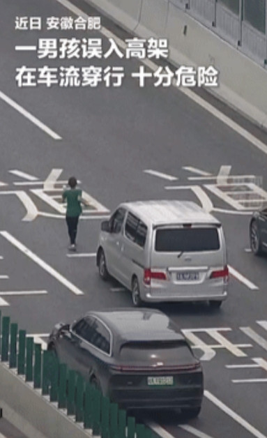 “火到央视了！”安徽合肥，一10岁男孩不小心闯入高架桥，独自奔跑在车流中非常危险