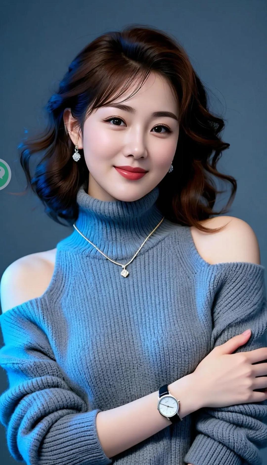 温柔甜美的冬日穿搭，蓝色毛衣搭配金色项链，温暖又时尚！高雅气质美女美女人像群