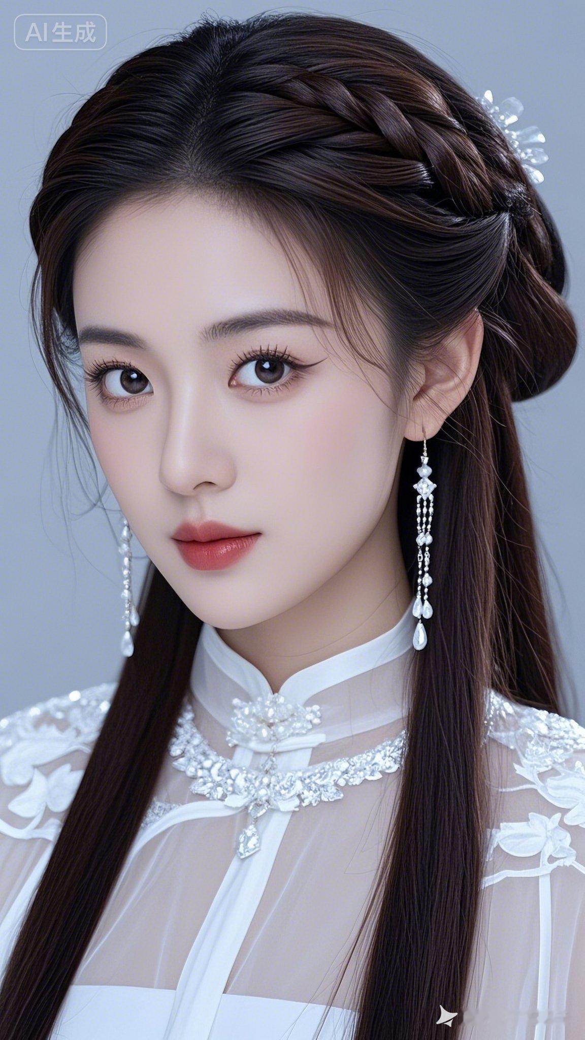 端庄优雅古装美女，黑棕亮发梳精致编发，余下长直发如瀑垂肩，额侧几缕碎发...