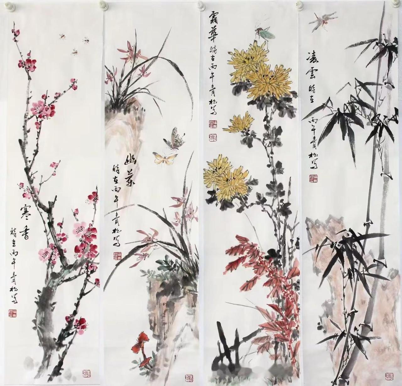 梅兰竹菊四条屏。梅兰竹菊创作者中心创作灵感梅兰竹菊四条屏作品梅兰竹菊国画