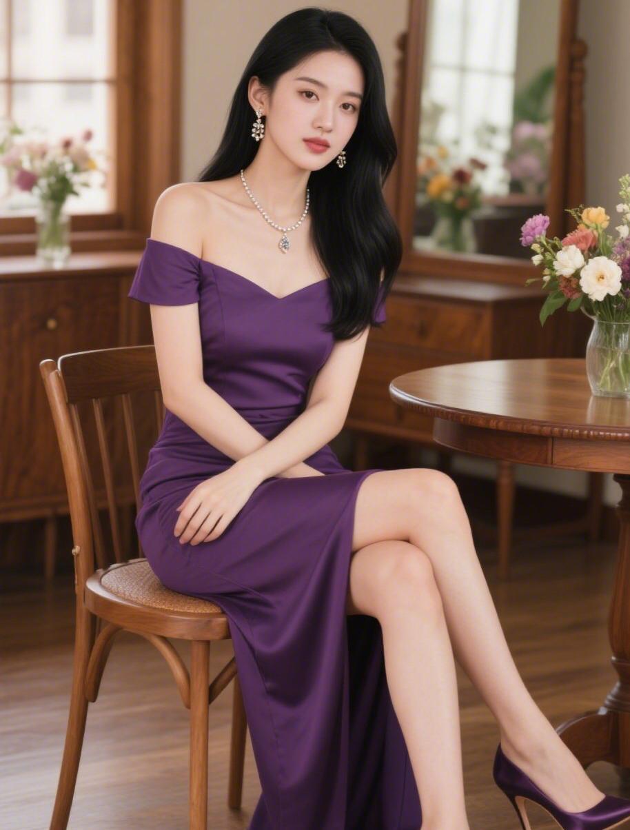 这位美女穿着紫色连衣裙坐在椅子上。
