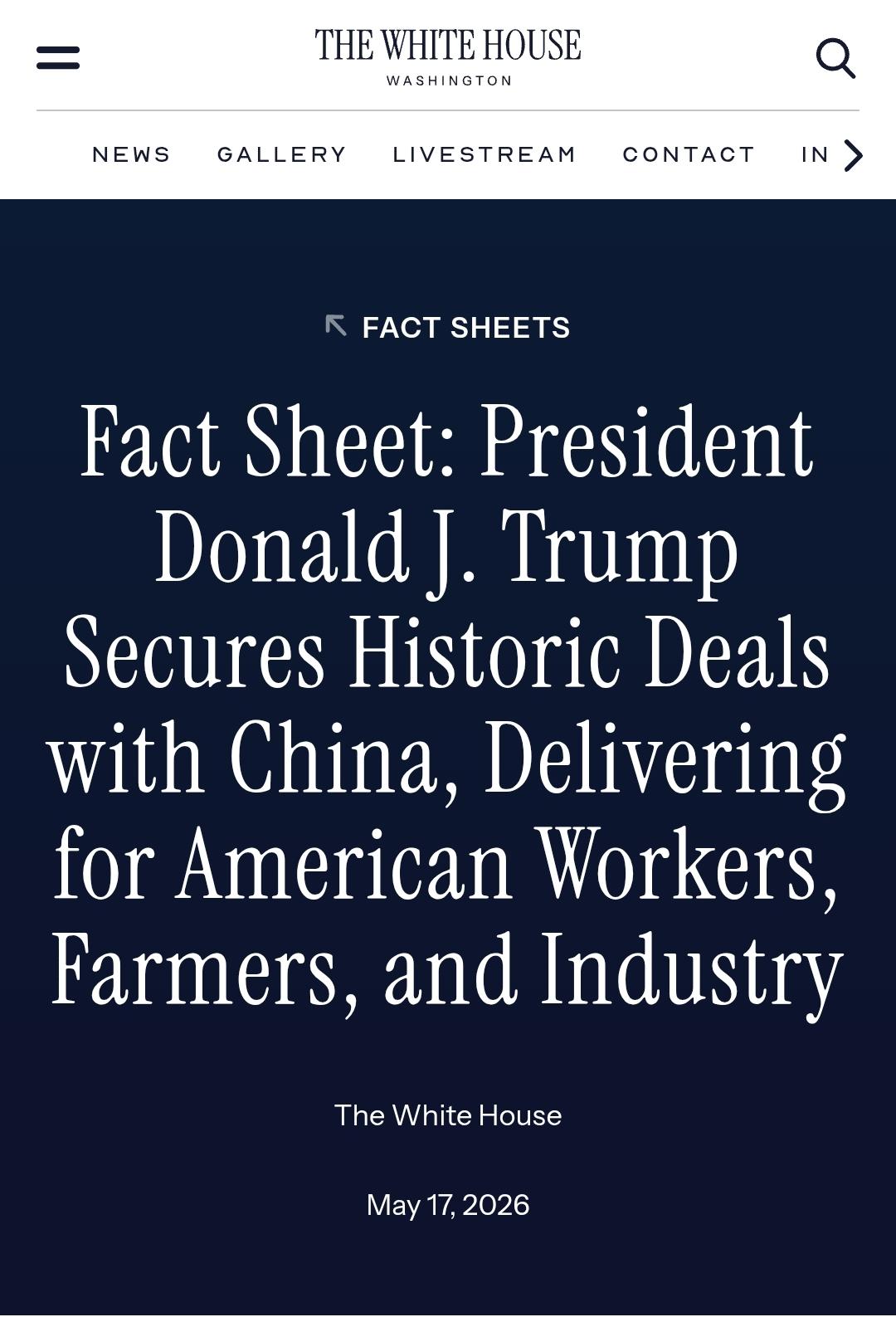 5月18日，美国白宫终于发布了特朗普此次访华行程的成果清单(factsheet